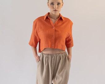 Loose Crop Linen Shirt, Orange Linen Blouse, Short Sleeved Linen Shirt, Linen Clothing, Linen Crop Top, Linen Shirt Women, Plus Size