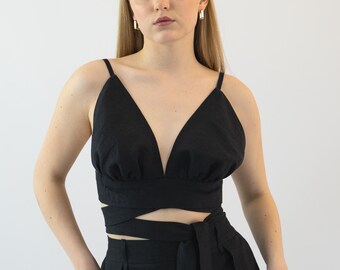 Handmade Linen Wrap Crop Top with Side Ties, Deep V- Neck Sleeveless Linen Top, Spaghetti Straps Linen Top