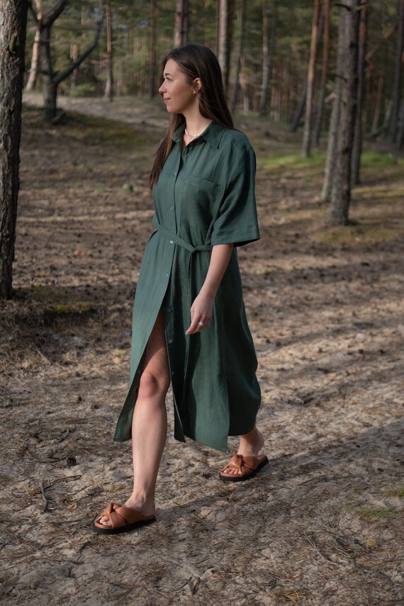 Dark Green Linen Shirt Dress READY to GO Size M L Linen Shirt Dress Green Linen Dress Lightweight Linen Dress Oversize Green Dress Etsy