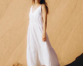 A-Line Linen Maxi Dress, Elegant Summer Dresses, Sleeveless Ruffle Hem Dress, Custom Made