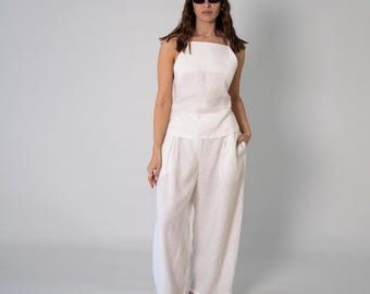 Co-Ord White Linen Set, Open Back Top &  Wide Barrel-Leg Pants, Minimalist Summer Outfit, Handmade