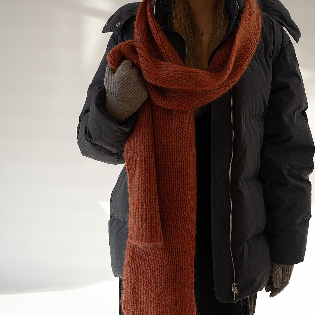 Mohair Hand Knitted Scarf, Extra Long and Warm Super Soft Scarf, Orange Mohair Scarf, Mohair Wrap Scarf, Hand Knit in Kid Mohair