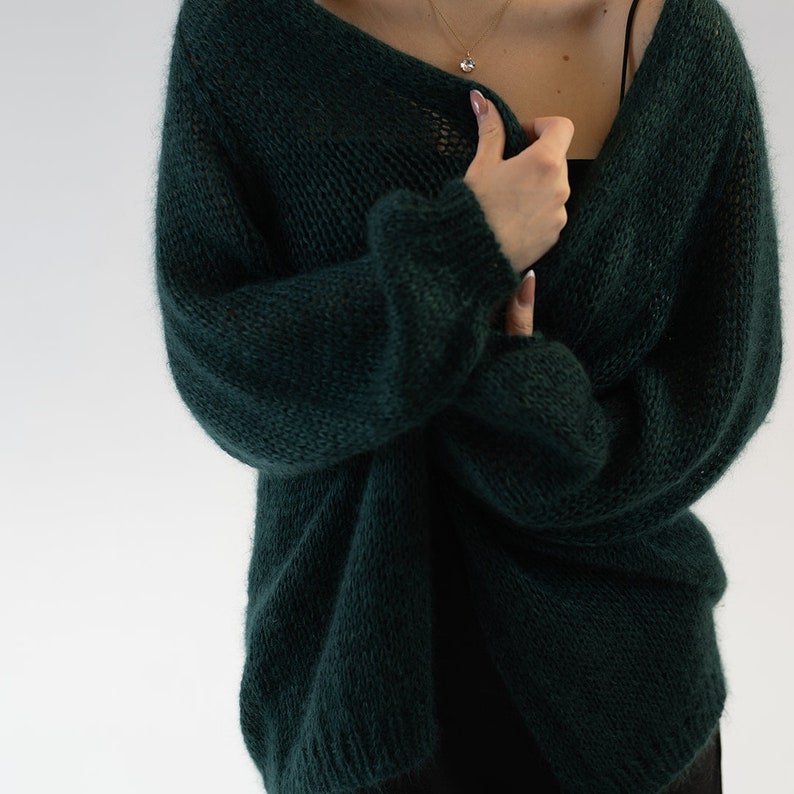 Dark Green Hand Knit Cardigan, Mohair Bomber Chunky Knit Cardigan, Balloon Sleeves, Soft Kid Mohair, Open Front Cardigan, Slouchy Cardigan image 4