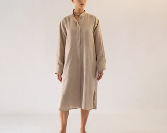 Oversized Grandad Collar Midi Linen Shirt Dress, Linen Midi Shirt Dress, Loose Linen Dress, Long Sleeved Linen Dress,  Linen Shirt Dress