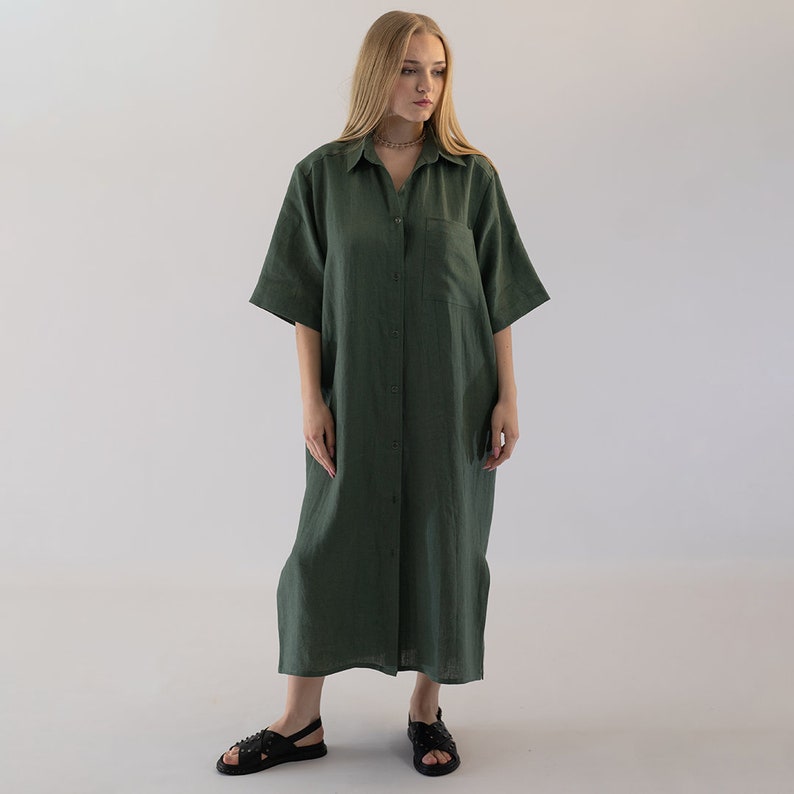 Oversized Short Sleeved Linen Midi Dress, Collared Midi Shirt Dress, Linen Shirt Dress, Green Linen Dress, Lightweight Linen Dress image 2
