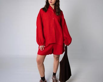 Two Piece Linen Set, Linen Balloon Sleeve Blouse & Wide Shorts, Relaxed Summer Outfit