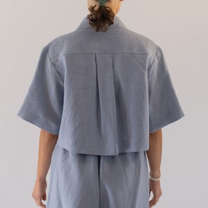 Crop Linen Top, Linen Short Sleeve Crop Top, Blue Linen Cropped Blouse, Linen Cropped Blouse, Womens Linen Shirt, Linen Women's Clothing image 4