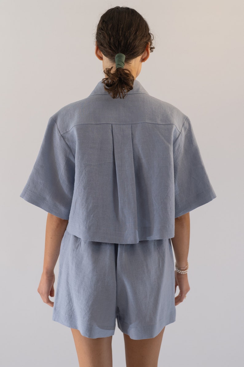 Crop Linen Top, Linen Short Sleeve Crop Top, Blue Linen Cropped Blouse, Linen Cropped Blouse, Womens Linen Shirt, Linen Women's Clothing image 4