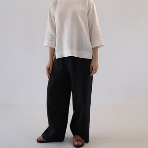 Wide Leg Linen Pants, Black Linen Pants, Elastic Waist Linen Pants, White Summer Pants, Relaxed Pajama Linen Pants, White Linen Pants image 1