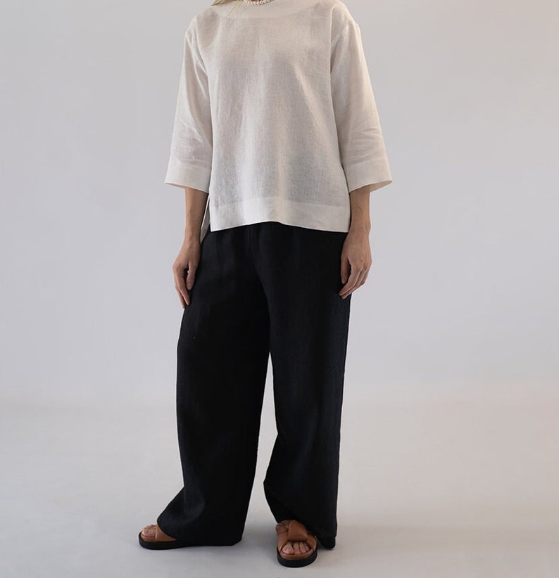 Wide Leg Linen Pants, Black Linen Pants, Elastic Waist Linen Pants, White Summer Pants, Relaxed Pajama Linen Pants, White Linen Pants image 1