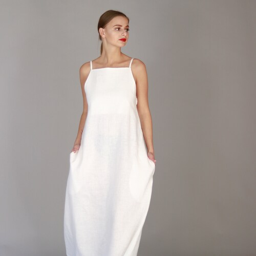 White Linen Maxi Dress, Simple A-line Linen Gown, Spaghetti Strap Long Slip Summer Dresses