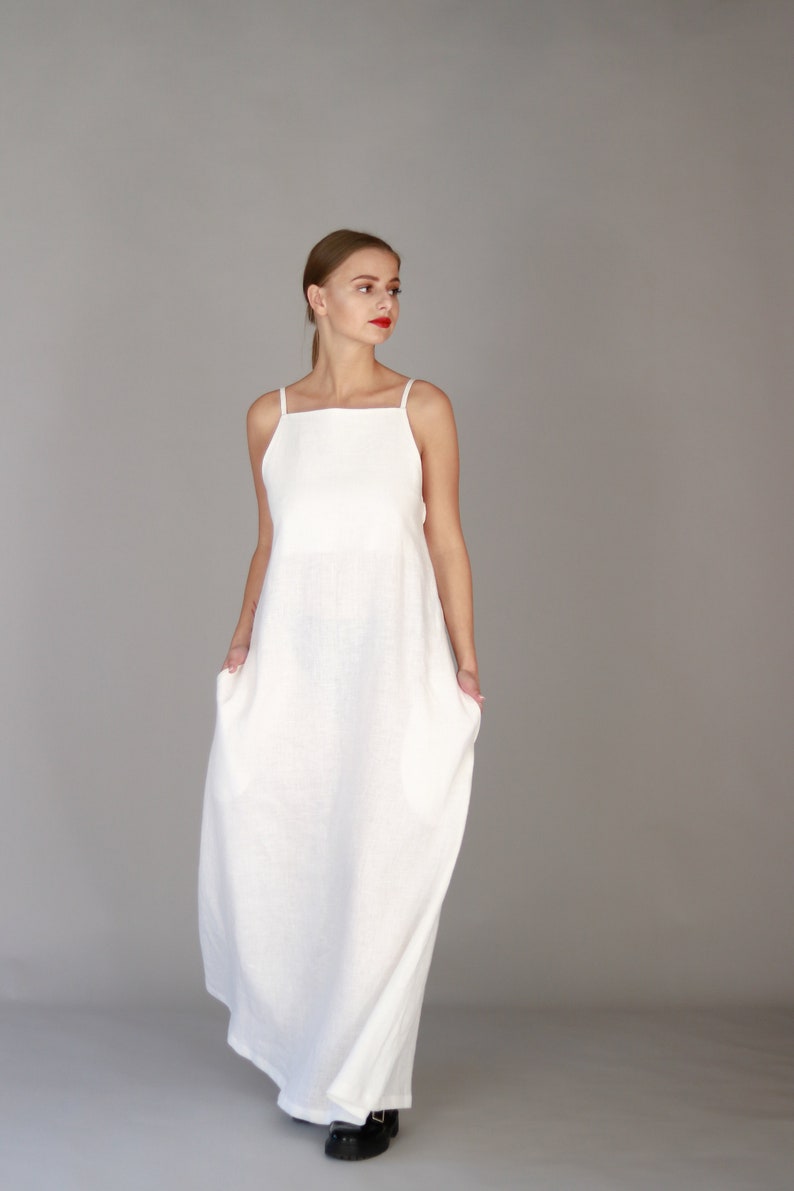 White summer dress, summer long dress , summer long dress with straps , Summer dress , summer white linen dress , maxi linen dress , simple linen dress