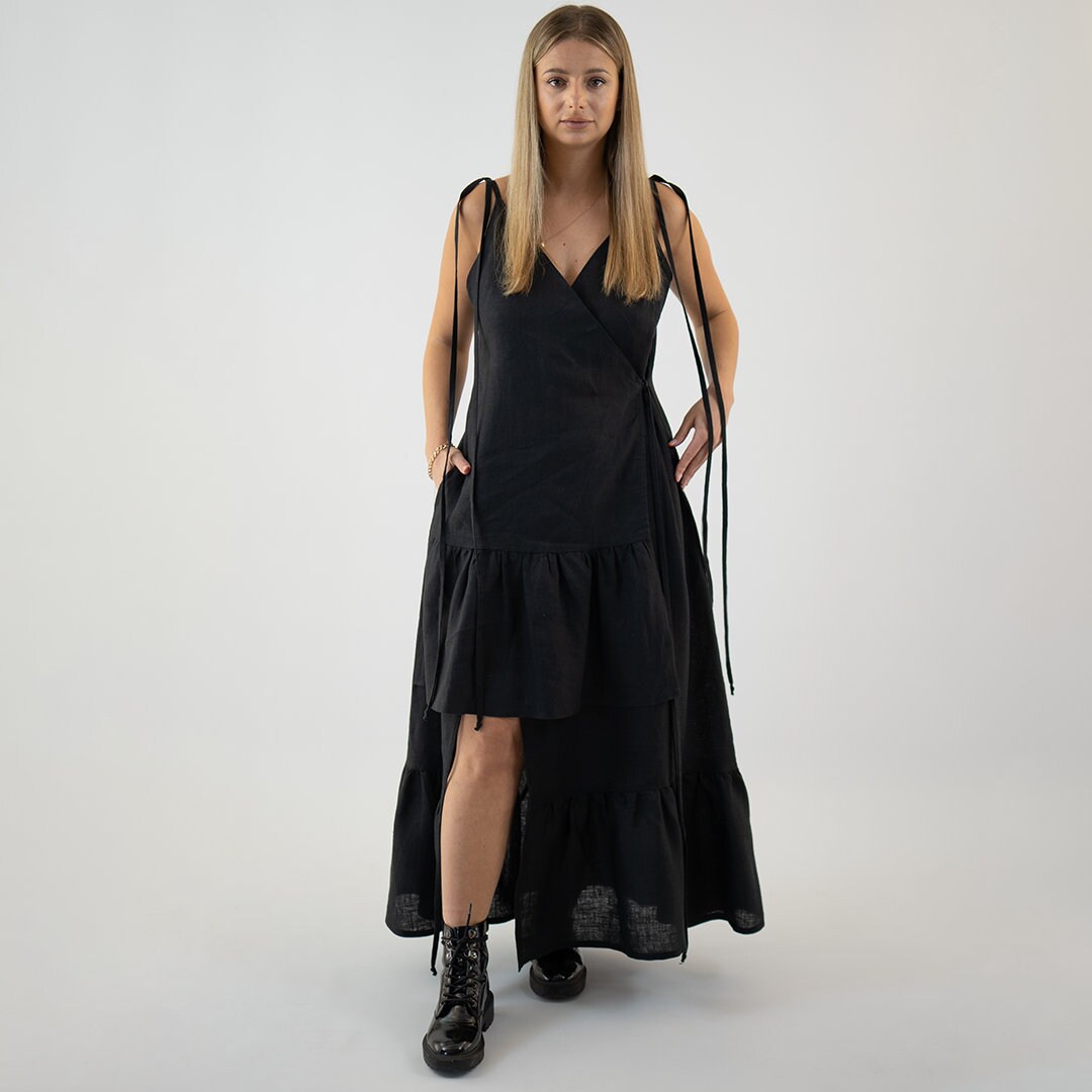 Linen Wrap Pleated Maxi Ruffled Dress, Bridesmaids Dresses, Summer Wrapped Long Sleeveless Sundress