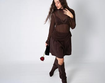Brown Linen Wide Leg Shorts, High Waisted Summer Skirt Style Elastic Waist Shorts