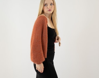 Cardigan aviateur aéré en mohair, tricot main, manches ballon en reglan, kid mohair doux, cardigans ouverts, orange, boléro, cadeaux pour la fête des mères