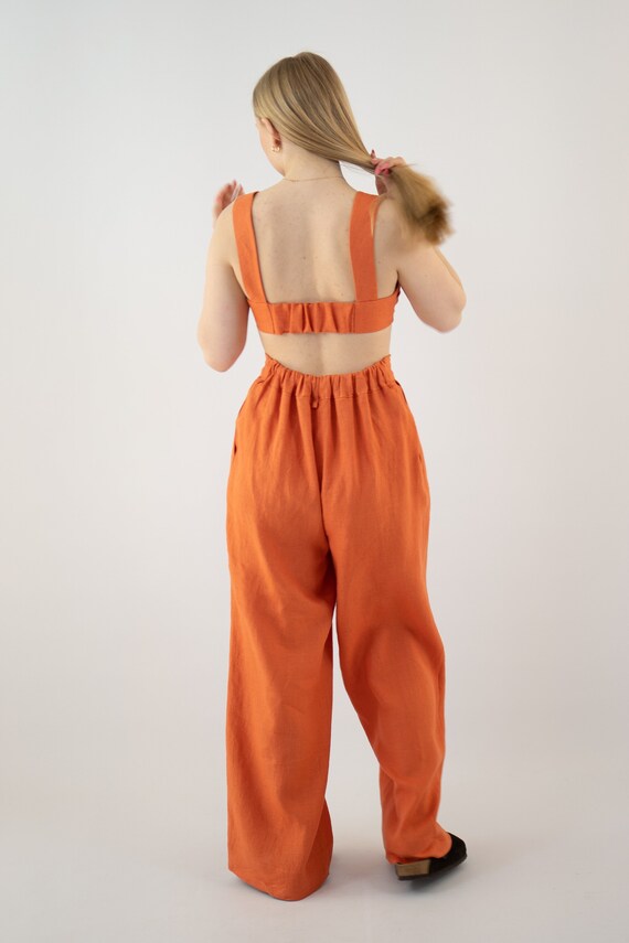 2PC Women Linen Set FAENZA, Trousers and Crop Top, Women Orange