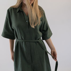 Oversized Short Sleeved Linen Midi Dress, Collared Midi Shirt Dress, Linen Shirt Dress, Green Linen Dress, Lightweight Linen Dress image 1