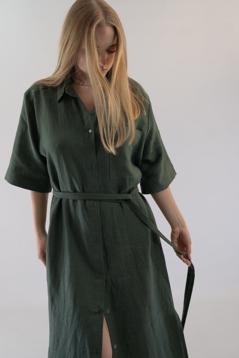 Oversized Short Sleeved Linen Midi Dress, Collared Midi Shirt Dress, Linen Shirt Dress, Green Linen Dress, Lightweight Linen Dress image 1