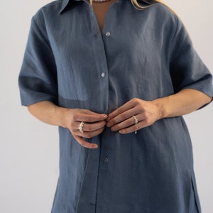 Oversized Linen Shirt, Short Sleeves Shirt, Women Summer Shirt, Linen Blouse, Loose Linen Shirt, Pajama Linen Shirt , Plus size zdjęcie 8