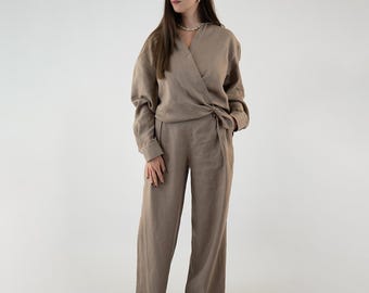 Two Pieces  Linen Set,  Linen Palazzo Pants & Loose Fit Shirt, Women Summer Outfit, Washed Linen Trouser, Loose Fit Women Shirts