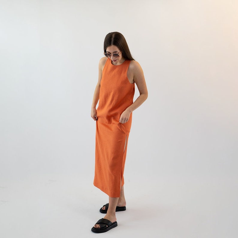 Ready To Go, Orange Linen Sleeveless Midi Dress, Minimalist Linen Dress, Summer Vacation Linen Dress, Size S, Color Orange image 3