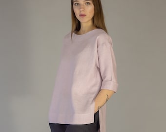 Linen Blouse ESME2, Relaxed Fit Summer Loose Linen Blouse in Rose, Oversized Linen Top Long Sleeves, Custom Made, 20 Colors