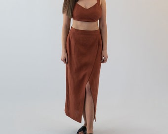 READY to GO / Women Wrap Midi Linen Skirt / Wrap Summer Skirt / Size S / Color Brick