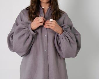 Washed Linen Blouse, Balloon Sleeve Loose Fit Shirt, Summer Women Clothing