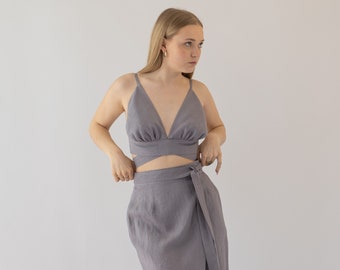 Gray Linen Bralette VERENA, Ready to Go, Size S, Gray Linen Wrap Crop Top, Organic Flax Top, Gray Summer Top, Gray Top Women