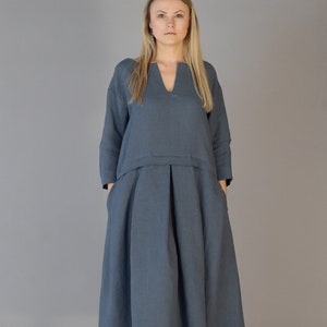 AIJA Oversized Long Linen Dress with Pockets, Casual Natural Flax Comfortable Pleated Oversized Linen Dress, Women Loose Linen dress, Size L image 1
