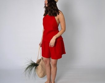 Two Piece Linen Set, Sleeveless Open Back Top & Wide Leg Shorts, Women's Beach Outfit