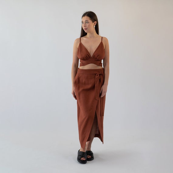 Buy ORNELLA, Two Piece Linen Set, Brick Linen Skirt and Top