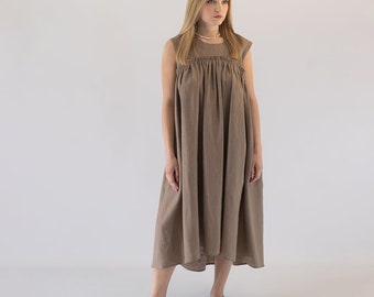 Pleated Linen Dress, NOIRA, Sleeveless Linen Dress, Midi Summer Dress, Aline Washed Linen Dress, Loose Summer Dress, Midi Dress