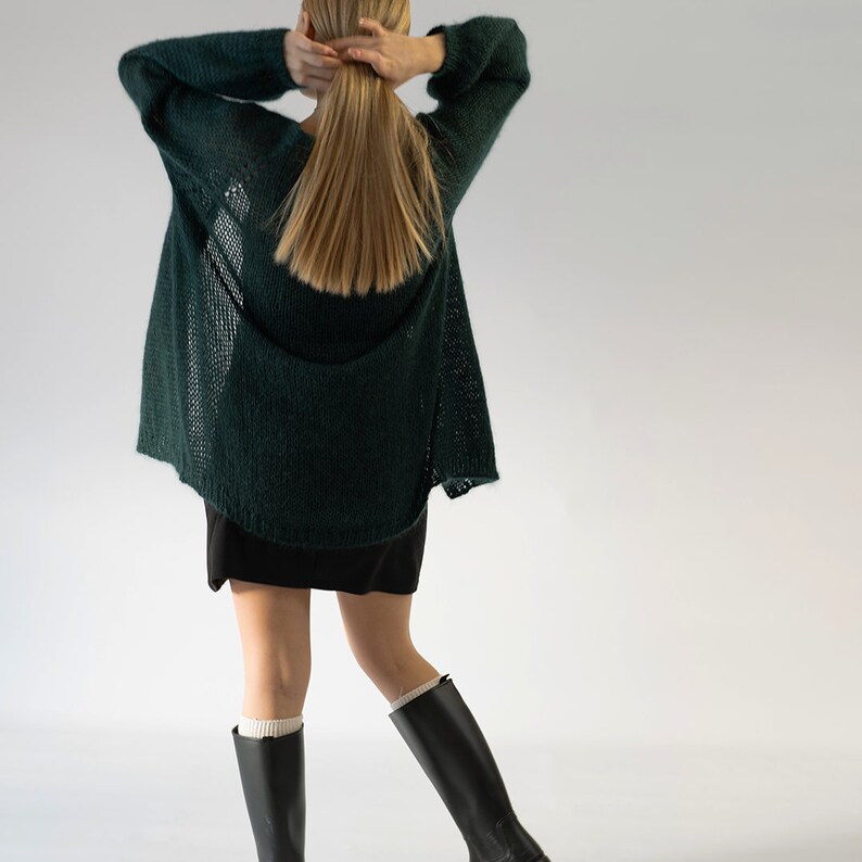 Dark Green Hand Knit Cardigan, Mohair Bomber Chunky Knit Cardigan, Balloon Sleeves, Soft Kid Mohair, Open Front Cardigan, Slouchy Cardigan image 3