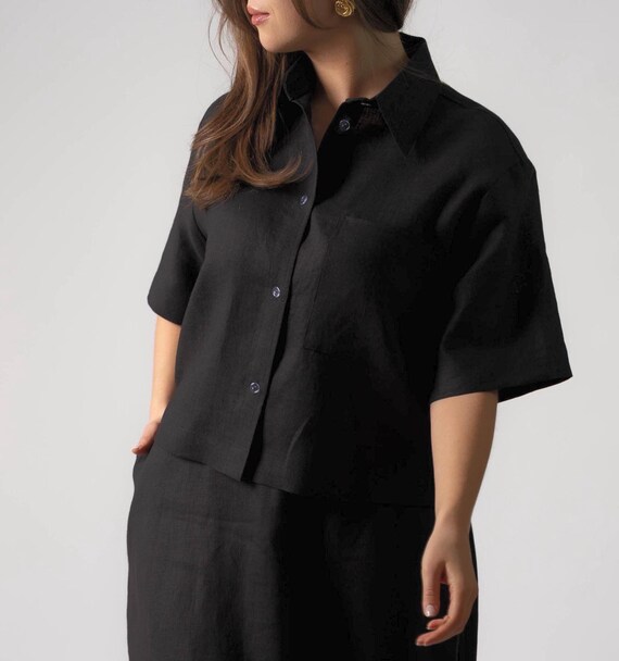 Blusa corta de lino negra, camisa de lino de manga corta, camisa