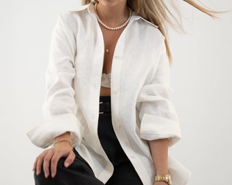White Linen Button Down Shirt, Oversize Linen Shirts, Washed 100% Linen Women's Casual Blouse, Handmade Linen Blouses