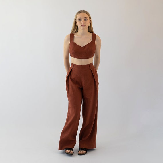 FAENZA, Women Linen Set, Pants and Bralette, Two Piece Linen Set