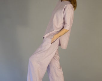 Set of 2 Items, Oversized Streetwear Linen Outfit, Extreme Wide Leg Linen Trousers RIANNA + Linen Blouse ESME2, Custom Made