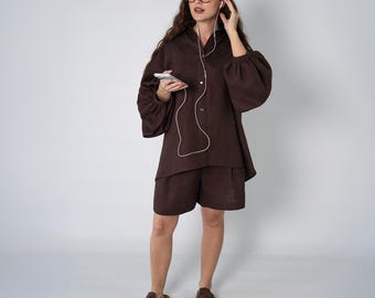 Two Piece Linen Set, Oversized Balloon Sleeve Shirt & Wide Leg Shorts, Summer Casual City Outfit