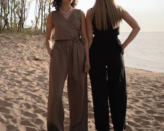 Two Pieces Linen Set, Wide Leg High Pants , Wrap Crop Top, Summer Outfit, 100% Natural Linen, Handmade