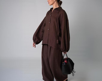 Two Piece Linen Set, Oversized Balloon Sleeve Blouse & Wide Leg Barrel Trousers, Women Summer Casual Outfit, Handmade