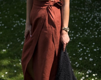 Wrap Midi Linen Beach Skirt, Ladies Summer Wrapping Long Skirts, Custom Made