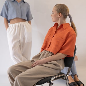 Crop Linen Top, Linen Short Sleeve Crop Top, Blue Linen Cropped Blouse, Linen Cropped Blouse, Womens Linen Shirt, Linen Women's Clothing image 8