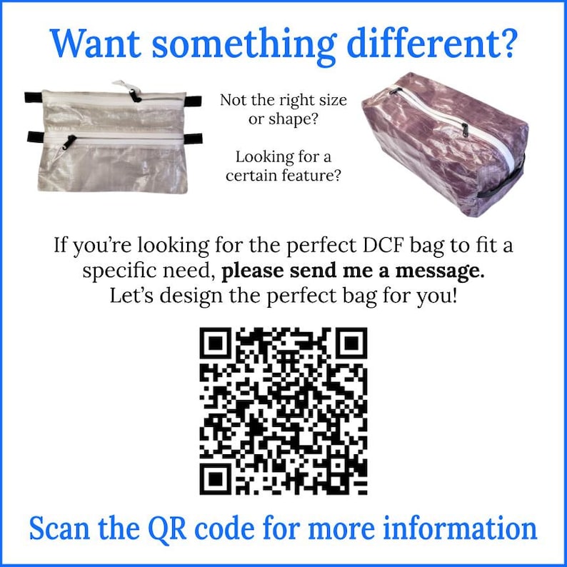 Op de afbeelding: Een promotionele afbeelding met twee tassen, &eacute;&eacute;n plat en doorschijnend, de andere een donkerpaarse rechthoekige etui. De tekst luidt: Want something different? Not the right size or shape? Looking for a certain feature? Please send me a message. Scan the QR code for more information.