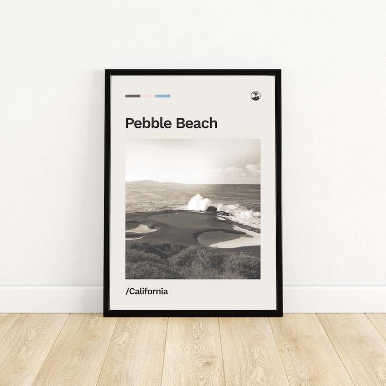 May include: A black and white photograph of a golf course with a wave crashing on the shore. The text "Pebble Beach / California" is printed below the image.