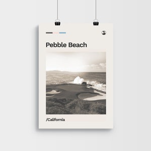 May include: A black and white photograph of a golf course with a wave crashing on the shore. The text "Pebble Beach / California" is at the bottom of the image.