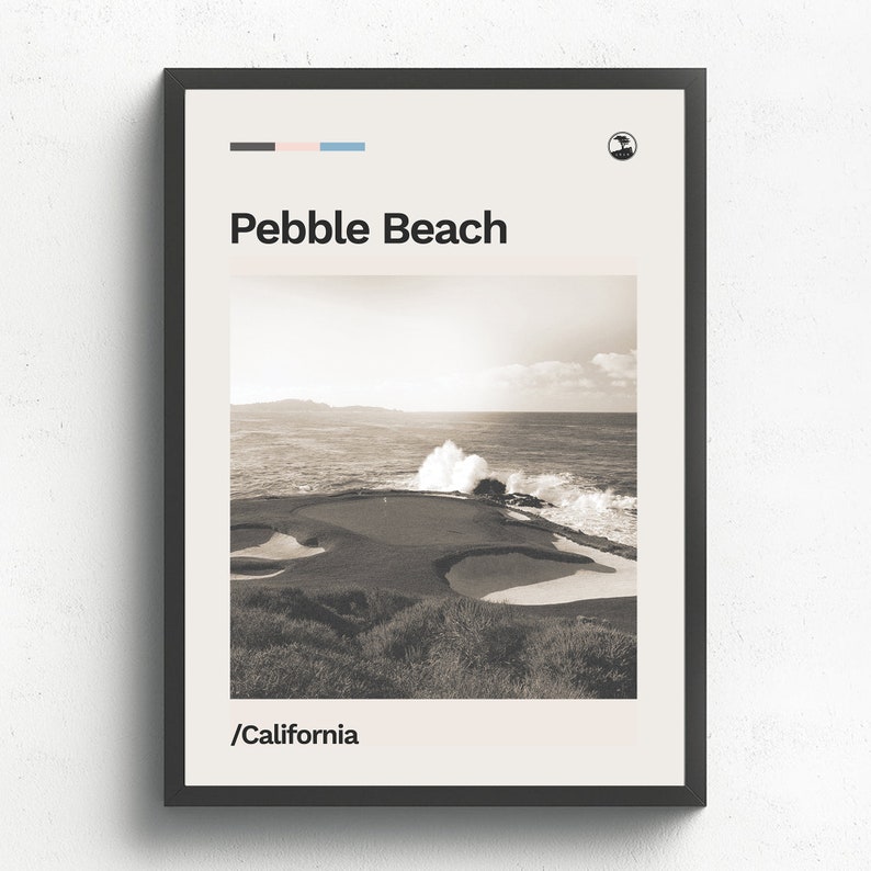 May include: A black and white photograph of a golf course with a wave crashing on the rocks in the background. The text "Pebble Beach / California" is printed below the image.