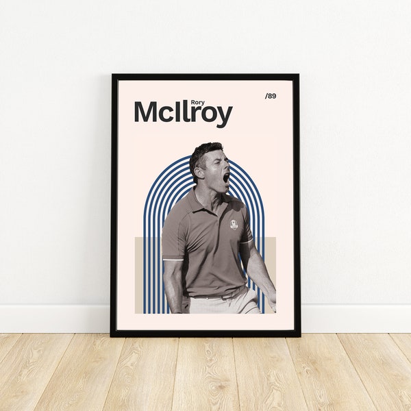 Affiche de golf Mid-Century de Rory McIlroy | Impression de golf | Cadeau d'anniversaire | Art mural