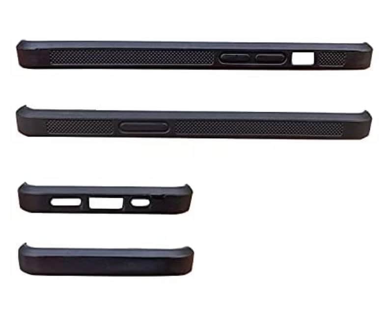 May include: Four black phone cases, each with a different design. The top case has a textured surface and a small rectangular cutout. The second case has a textured surface and a long rectangular cutout. The third case has a textured surface and two small round cutouts. The bottom case has a smooth surface.