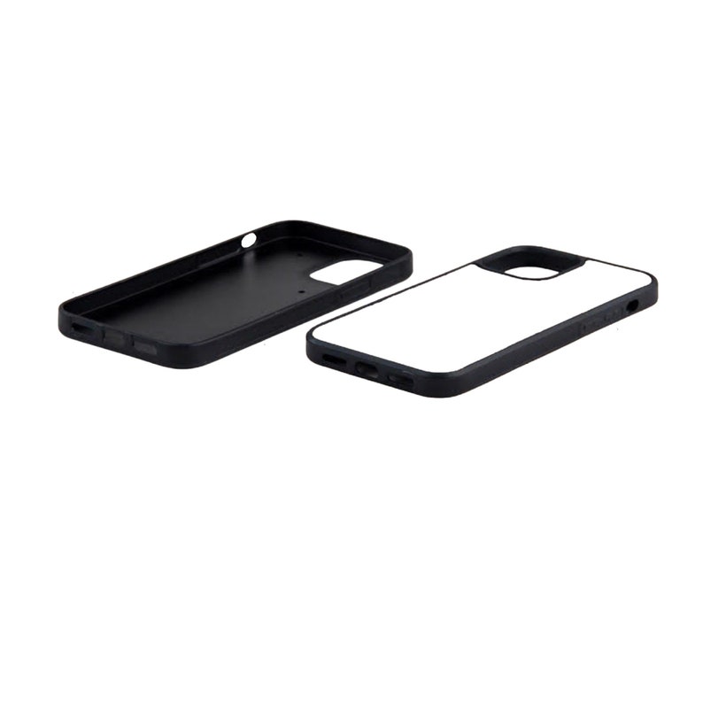 May include: Two phone cases, one black and one white, are shown side by side. The black case is a protective shell, while the white case is a blank canvas for customization.